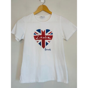 Harrods Womens White Union Jack Heart Short Sleeve Tee Size Small Embellishment